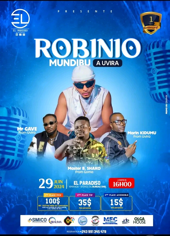 Uvira : l’artiste musicien évoluant à Kinshasa ROBINIO MUNDIBU et  son orchestre séjournent à Uvira depuis la soirée de ce vendredi 28 juin 2024 .