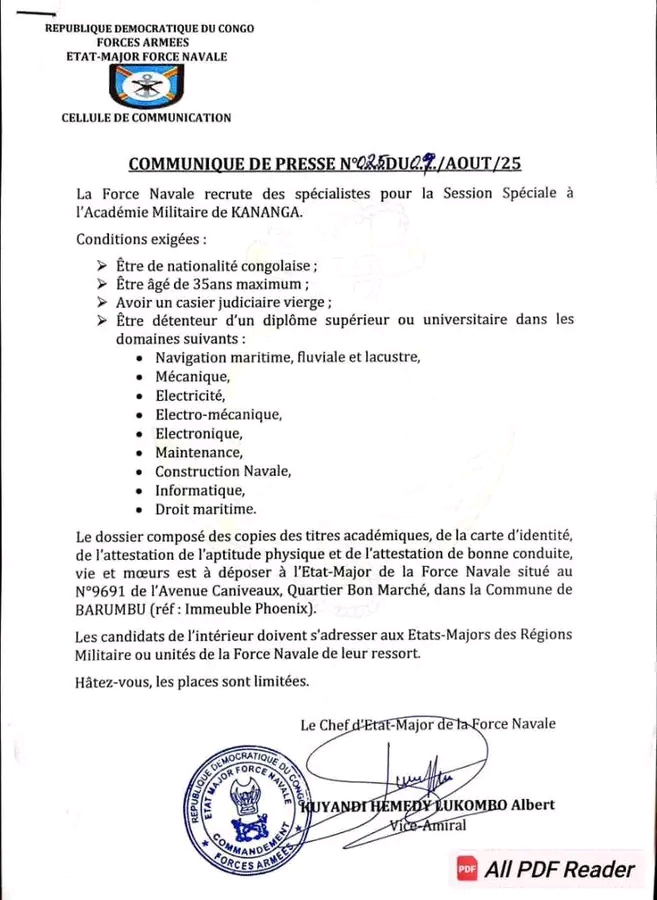 La Force Navale lance un recrutement spécial pour l’Académie Militaire de Kananga