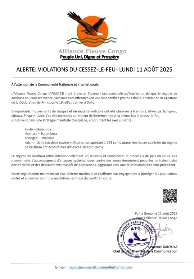 RDC : L’Alliance Fleuve Congo (M23) accuse Kinshasa de nouvelles violations du cessez-le-feu