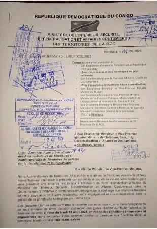 RDC : Les administrateurs de territoires annoncent une grève illimitée à partir du 18 août