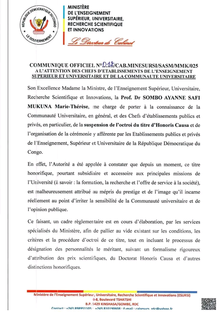 RDC : Le ministère suspend l’octroi du titre Honoris Causa dans les universités
