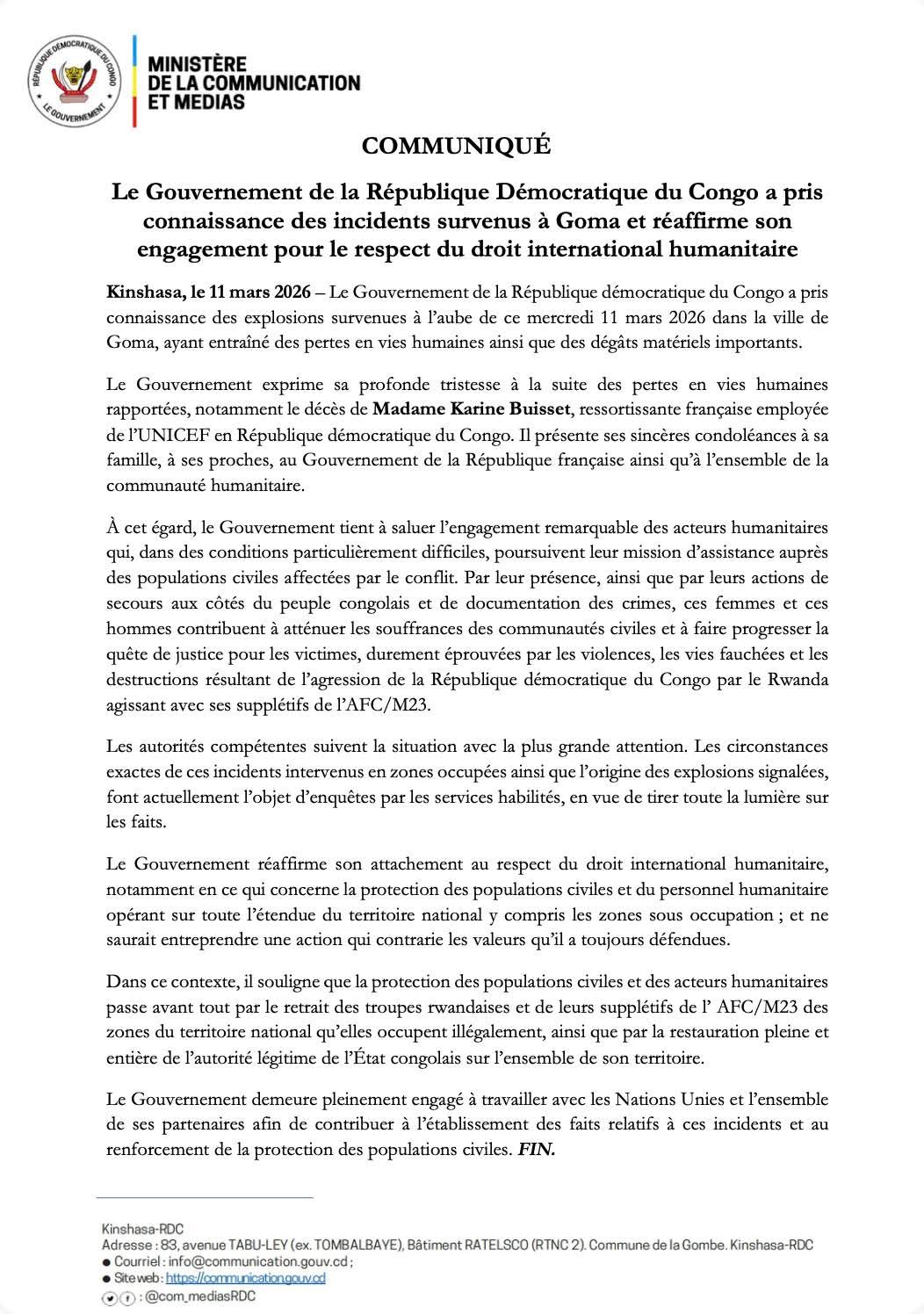 Explosions à Goma : le gouvernement congolais exprime sa tristesse et appelle au respect du droit international humanitaire