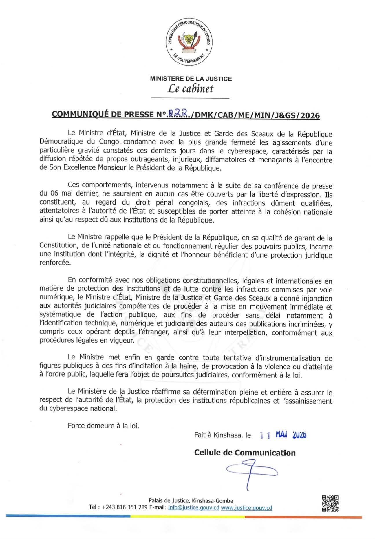 RDC : le ministère de la Justice annonce des poursuites contre les auteurs de propos injurieux visant le Chef de l’État