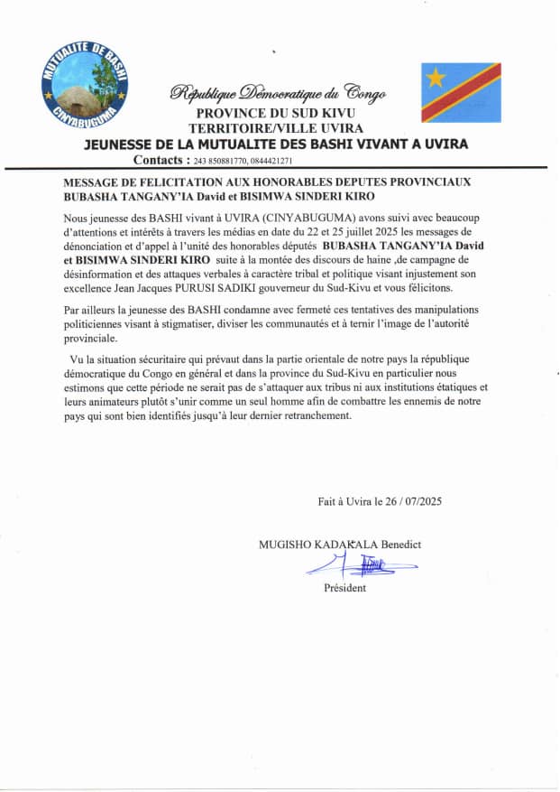 Uvira : La jeunesse Bashi salue la position des députés Bubasha  David et Bisimwa Sinderi  contre les discours de haine