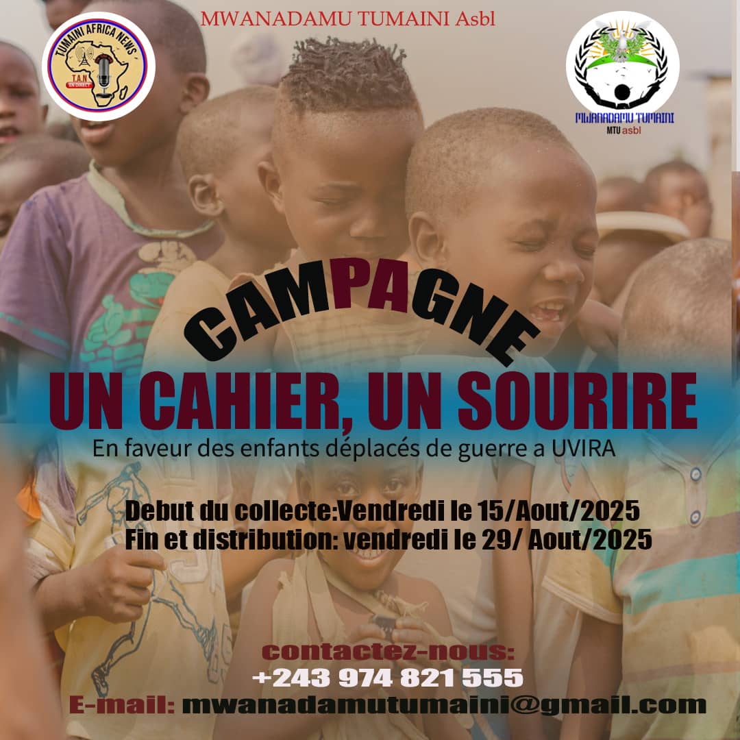 Uvira : L’Asbl Mwanadamu Tumaini  lance une campagne de collecte de fournitures scolaires pour les enfants victimes de guerre