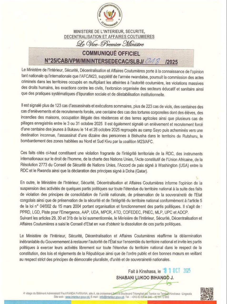 RDC : Kinshasa dénonce une nouvelle vague d’atrocités du M23/AFC dans l’Est du pays
