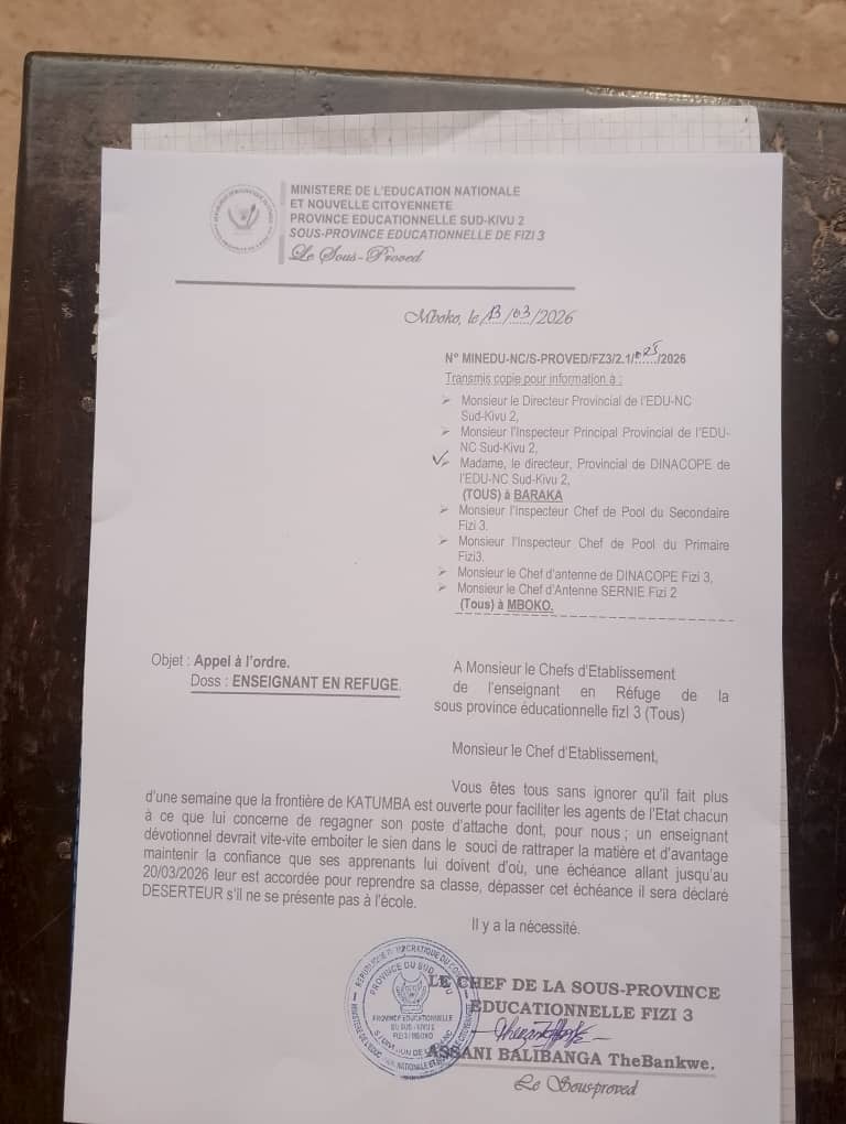 Fizi : les enseignants en refuge appelés à regagner leurs postes avant le 20 mars