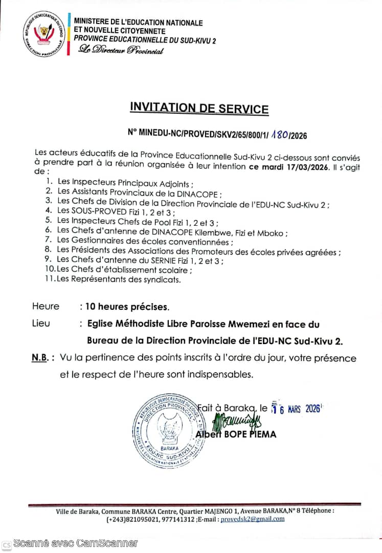 Éducation : une réunion stratégique des acteurs éducatifs du Sud-Kivu 2 annoncée ce 17 mars à Baraka