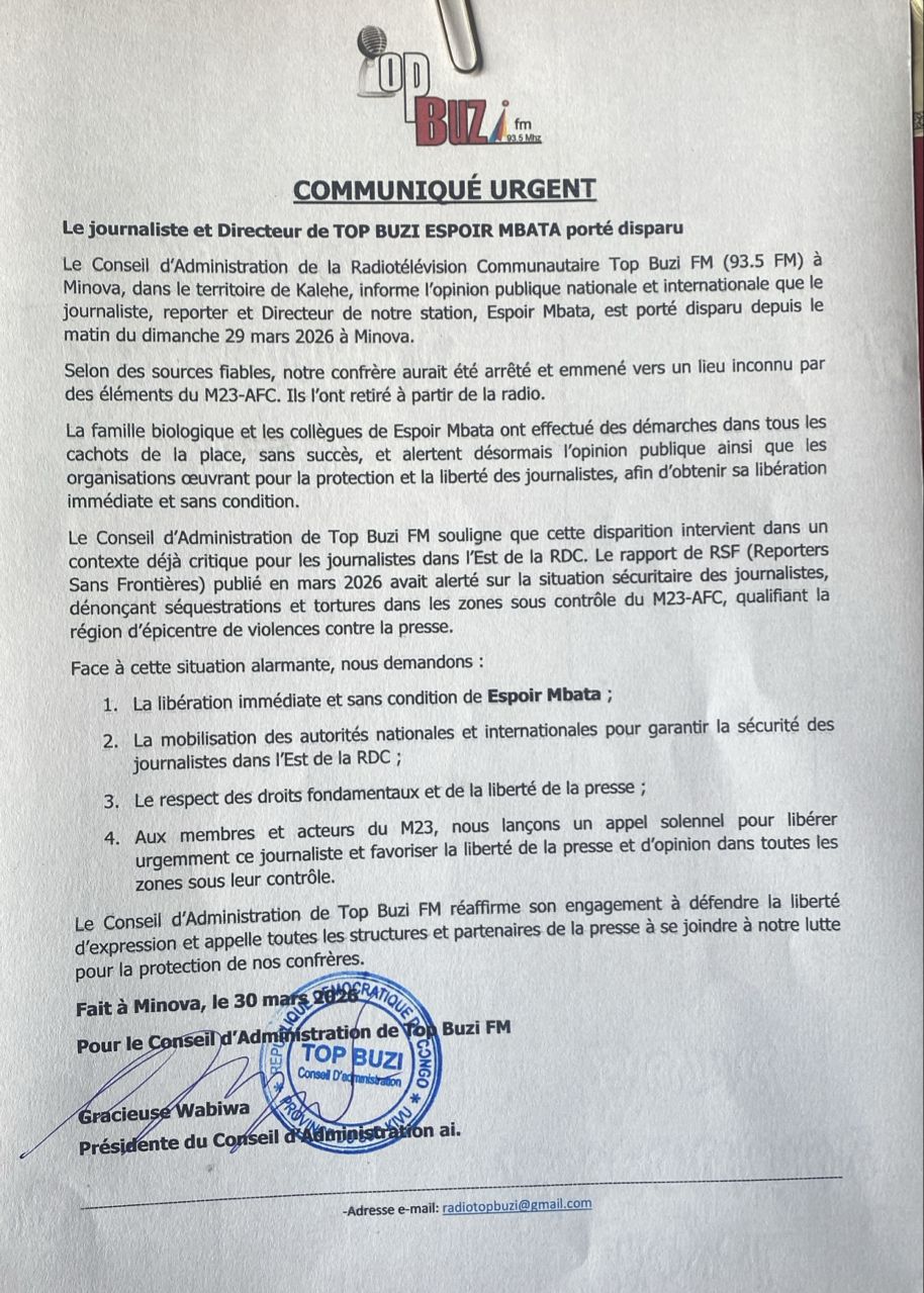 Minova : disparition du journaliste Espoir Mbata, Top Buzi FM lance un appel urgent à sa libération