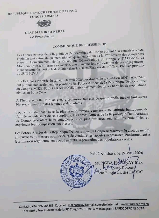 Sud-Kivu : les FARDC dénoncent des frappes de drones contre des civils dans les Hauts Plateaux de Fizi