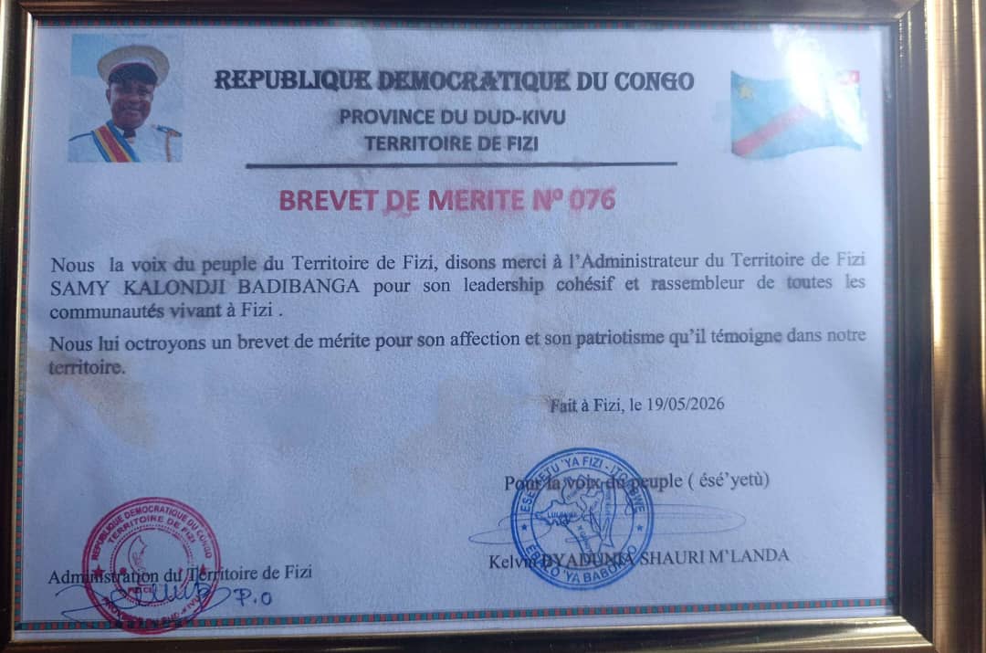 Uvira : Brevet de mérite décerné à Kalonji Badibanga Samy pour la paix