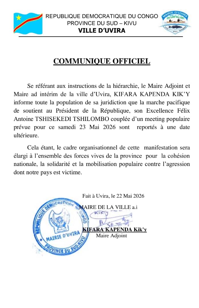 Uvira : la Mairie reporte la marche de soutien au Président Tshisekedi prévue ce samedi 23 mai 2026