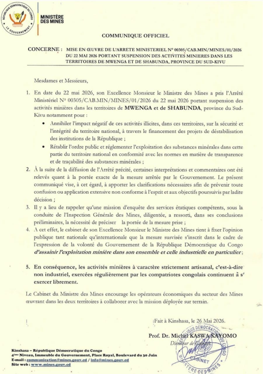 Sud-Kivu : le ministère des Mines apporte des éclaircissements sur la suspension des activités minières à Mwenga et Shabunda