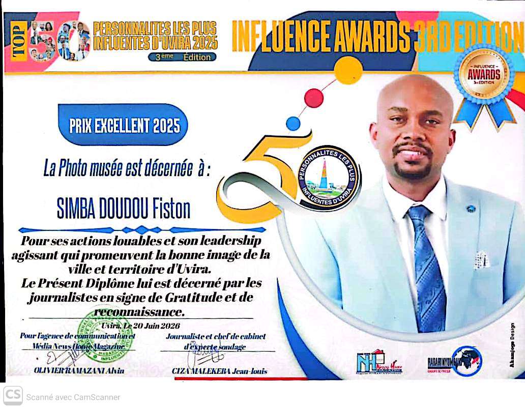 Sud-kivu : Simba Doudou Fiston distingué dans la catégorie Philanthropie lors de la 3ᵉ édition des « 50 personnalités les plus influentes »