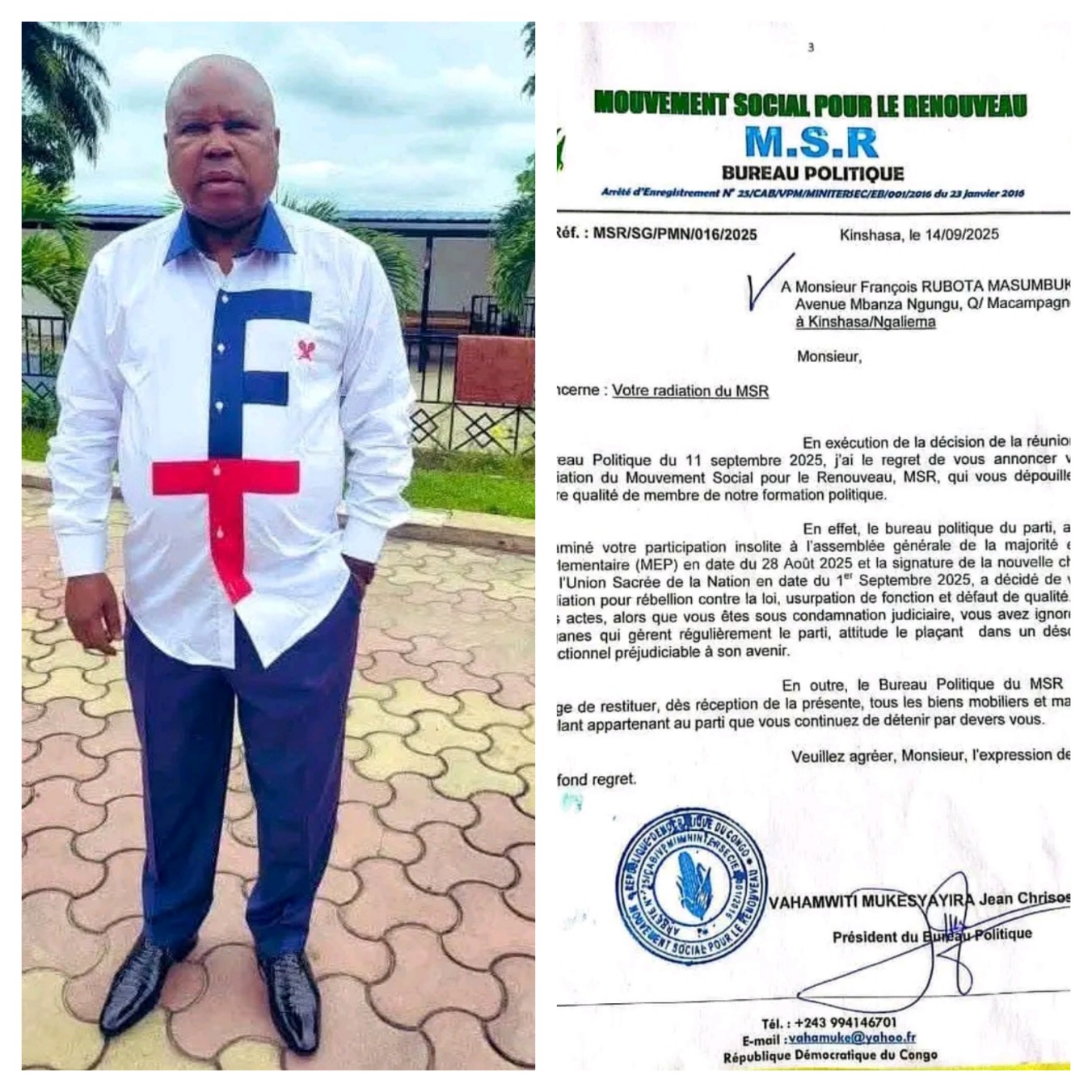 Kinshasa : le MSR radie François Rubota Masumbuko de ses rangs