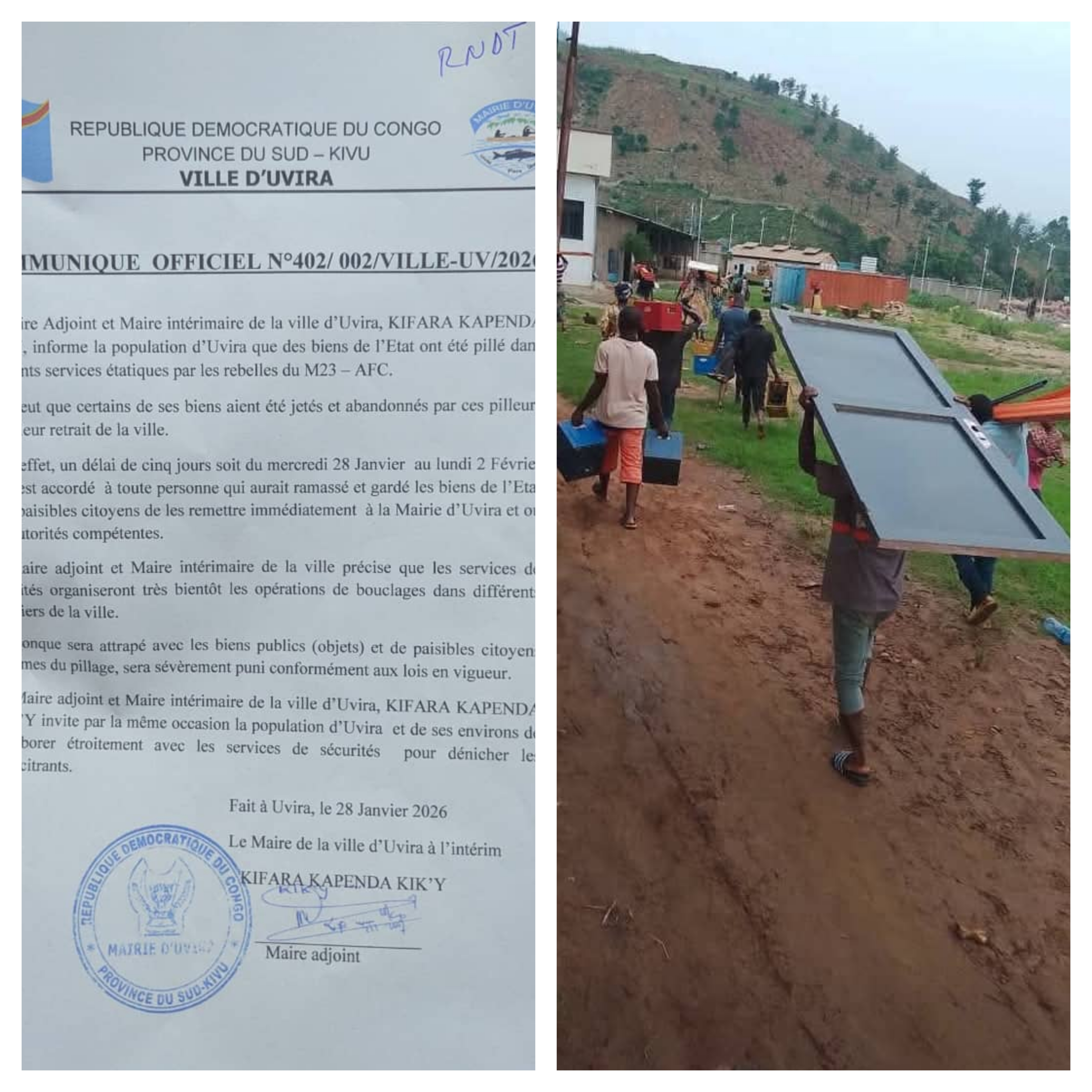 Uvira : la mairie accorde un délai de cinq jours pour la restitution des biens publics pillés Uvira, 28 janvier 2026 – Les autorités