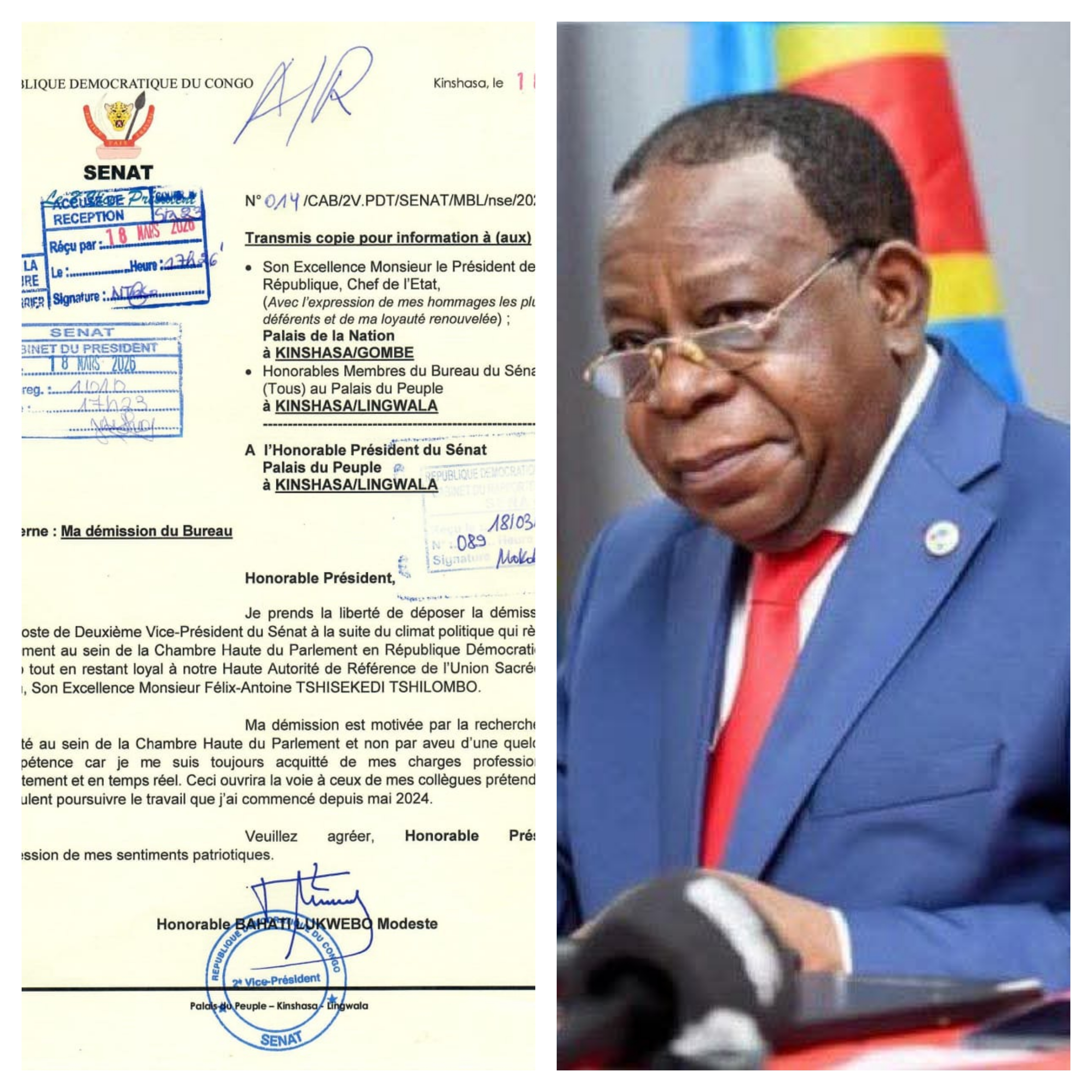 RDC : Modeste Bahati Lukwebo démissionne de son poste de deuxième vice-président du Sénat