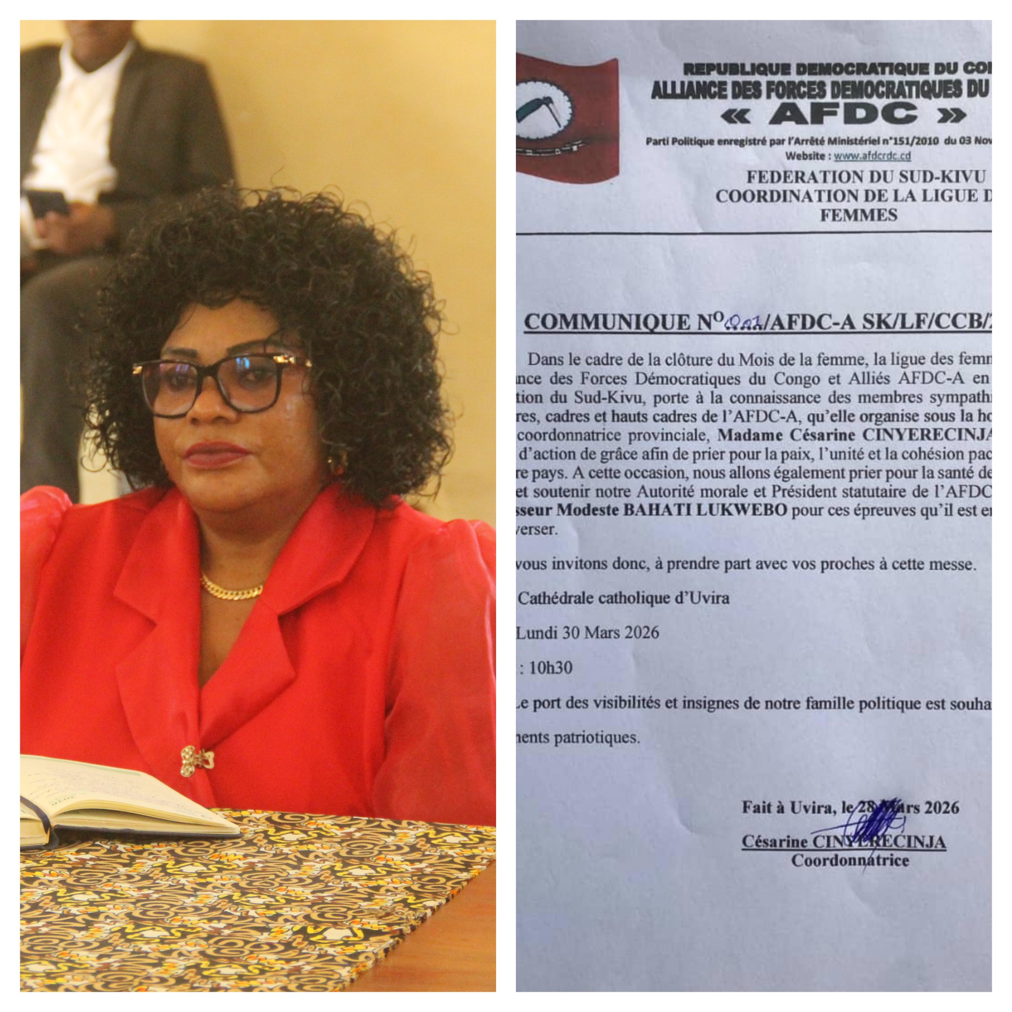 Uvira : la ligue des femmes de l’AFDC-A, conduite par Césarine Cinyerecinja, annonce une messe pour la paix et la cohésion sociale