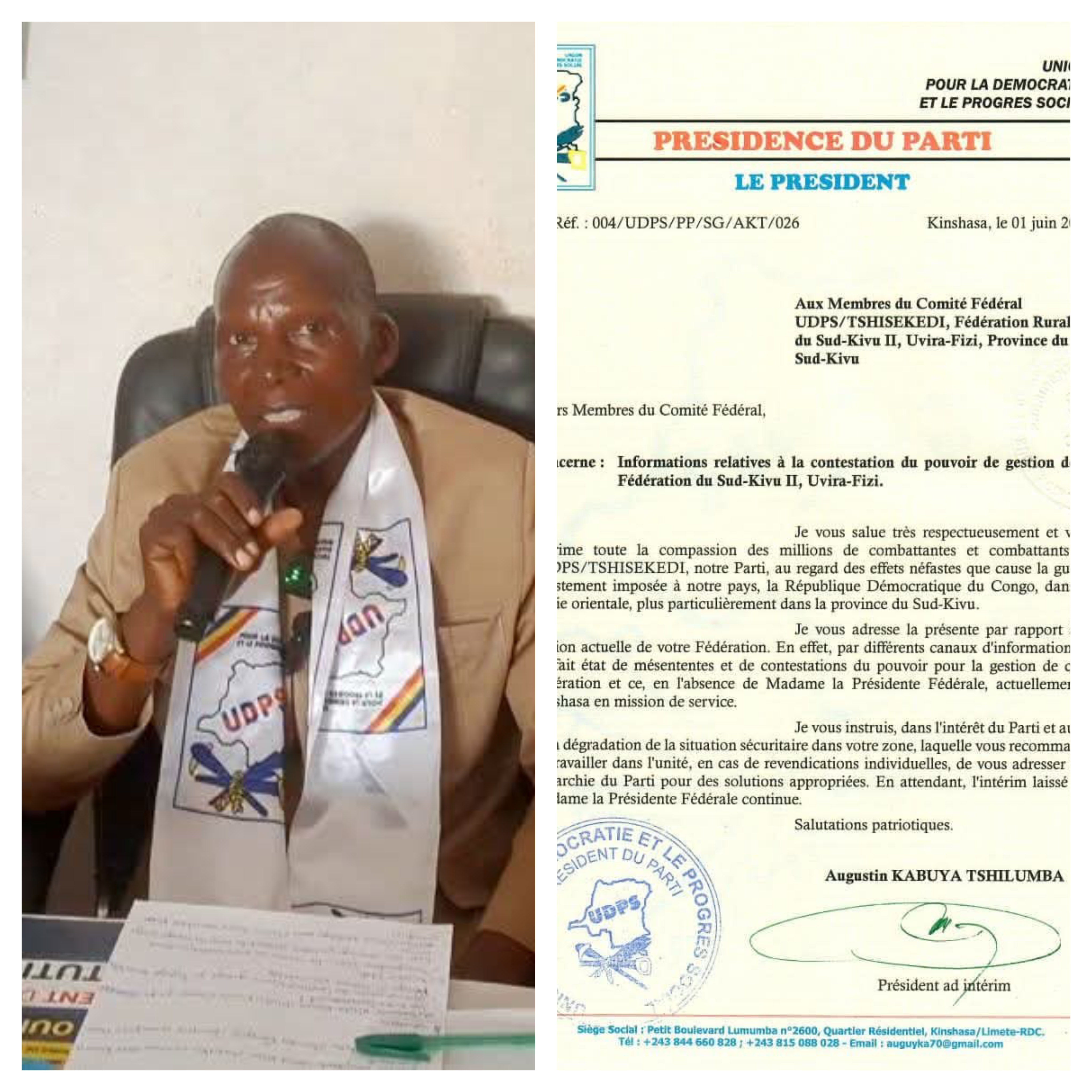 Uvira-Fizi : Augustin Kabuya confirme la continuité de l’intérim laissé par la présidente fédérale de l’UDPS/Tshisekedi