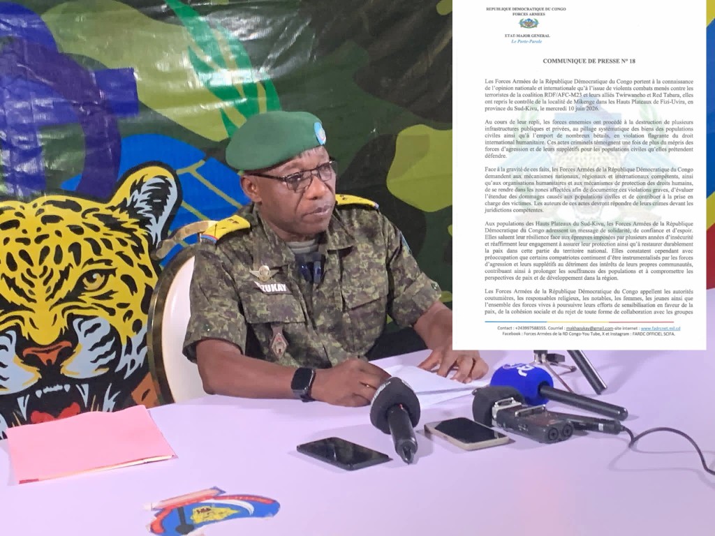 Sud-Kivu : les FARDC annoncent la reprise de Mikenge et dénoncent des exactions commises lors du repli de la coalition RDF/AFC-M23