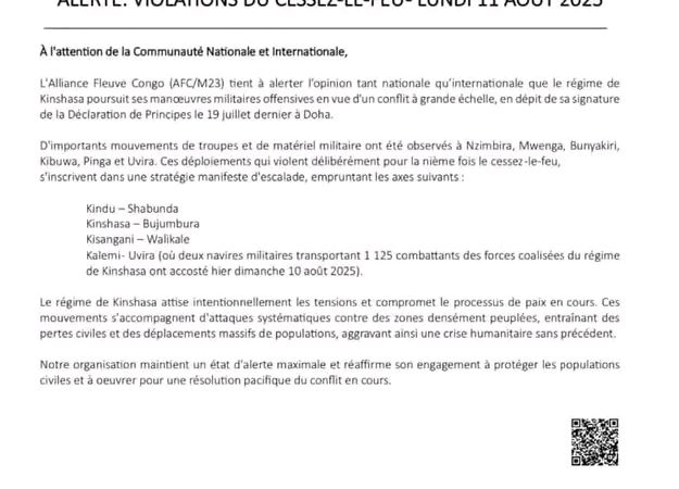 RDC : L’Alliance Fleuve Congo (M23) accuse Kinshasa de nouvelles violations du cessez-le-feu