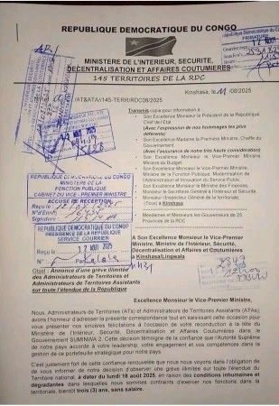 RDC : Les administrateurs de territoires annoncent une grève illimitée à partir du 18 août