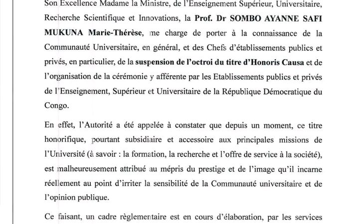 RDC : Le ministère suspend l’octroi du titre Honoris Causa dans les universités