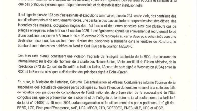 RDC : Kinshasa dénonce une nouvelle vague d’atrocités du M23/AFC dans l’Est du pays