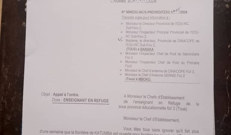 Fizi : les enseignants en refuge appelés à regagner leurs postes avant le 20 mars