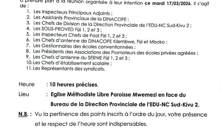 Éducation : une réunion stratégique des acteurs éducatifs du Sud-Kivu 2 annoncée ce 17 mars à Baraka