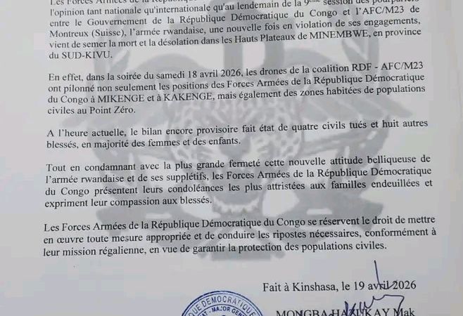 Sud-Kivu : les FARDC dénoncent des frappes de drones contre des civils dans les Hauts Plateaux de Fizi