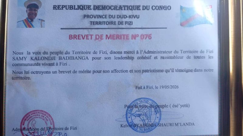 Uvira : Brevet de mérite décerné à Kalonji Badibanga Samy pour la paix