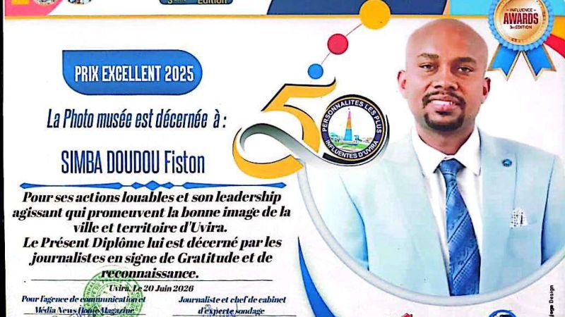 Sud-kivu : Simba Doudou Fiston distingué dans la catégorie Philanthropie lors de la 3ᵉ édition des « 50 personnalités les plus influentes »