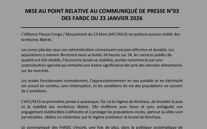 RDC : après l’annonce de la réouverture des activités à Uvira, l’AFC/M23 affirme ne quitter aucune entité des territoires dits libérés