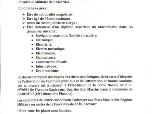 La Force Navale lance un recrutement spécial pour l’Académie Militaire de Kananga