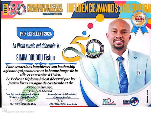 Sud-kivu : Simba Doudou Fiston distingué dans la catégorie Philanthropie lors de la 3ᵉ édition des « 50 personnalités les plus influentes »