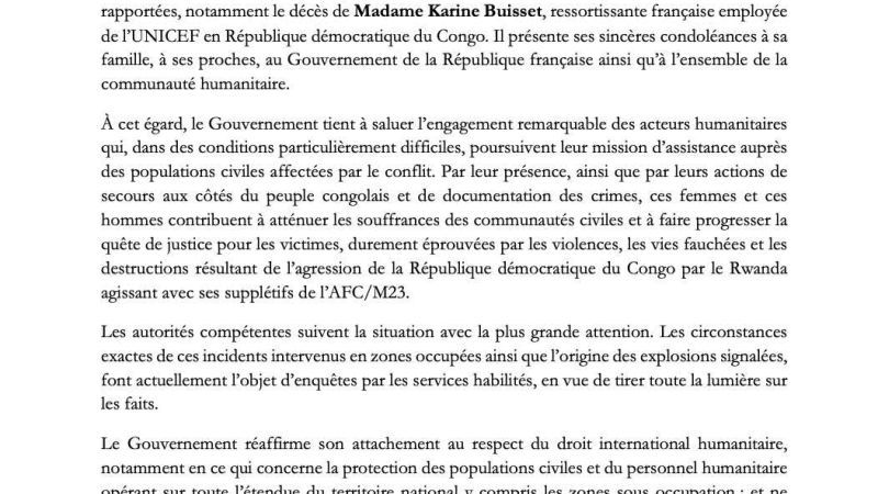Explosions à Goma : le gouvernement congolais exprime sa tristesse et appelle au respect du droit international humanitaire