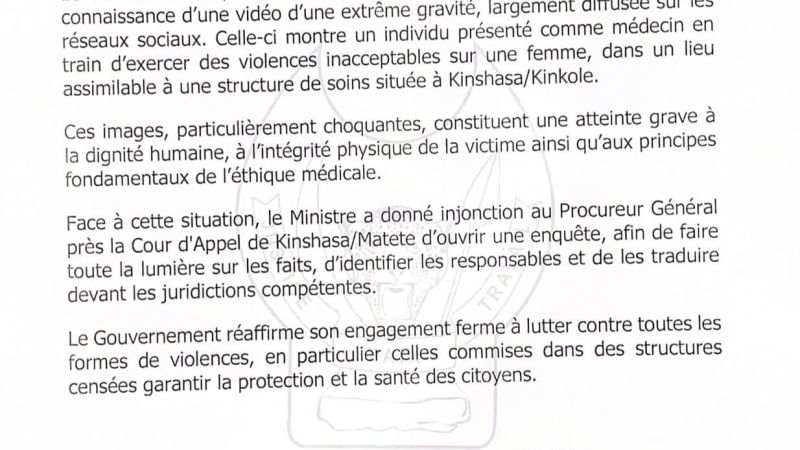 Kinshasa : une enquête ouverte après la diffusion d’une vidéo de violences présumées dans une structure de soins