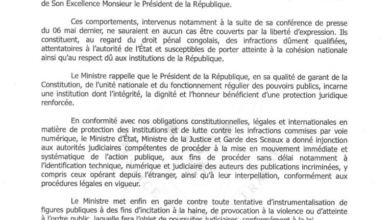RDC : le ministère de la Justice annonce des poursuites contre les auteurs de propos injurieux visant le Chef de l’État