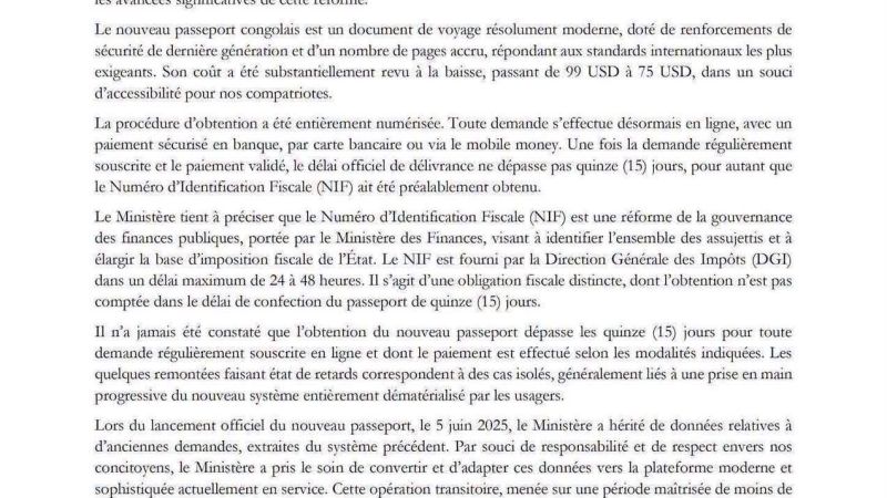 RDC : le ministère des Affaires étrangères clarifie les délais, le coût et la procédure du nouveau passeport congolais