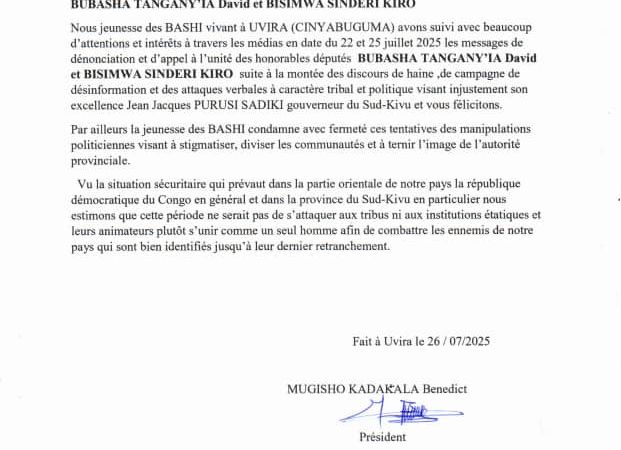 Uvira : La jeunesse Bashi salue la position des députés Bubasha  David et Bisimwa Sinderi  contre les discours de haine