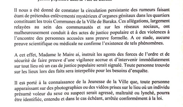 Baraka : la mairie dément les rumeurs d’enlèvements d’organes et met en garde contre la justice populaire