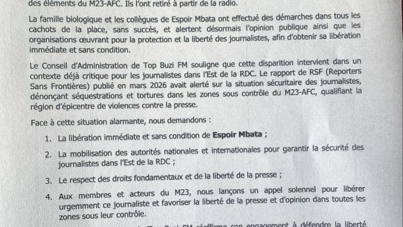 Minova : disparition du journaliste Espoir Mbata, Top Buzi FM lance un appel urgent à sa libération