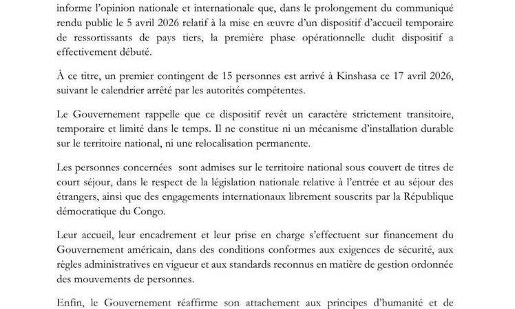 RDC : lancement effectif du dispositif d’accueil temporaire des ressortissants de pays tiers