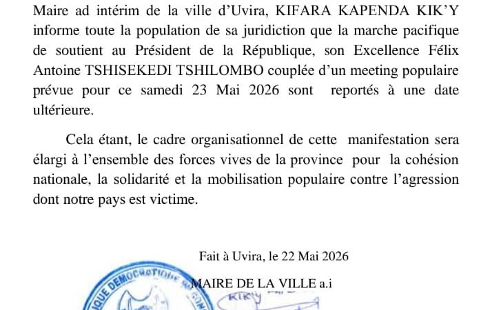 Uvira : la Mairie reporte la marche de soutien au Président Tshisekedi prévue ce samedi 23 mai 2026