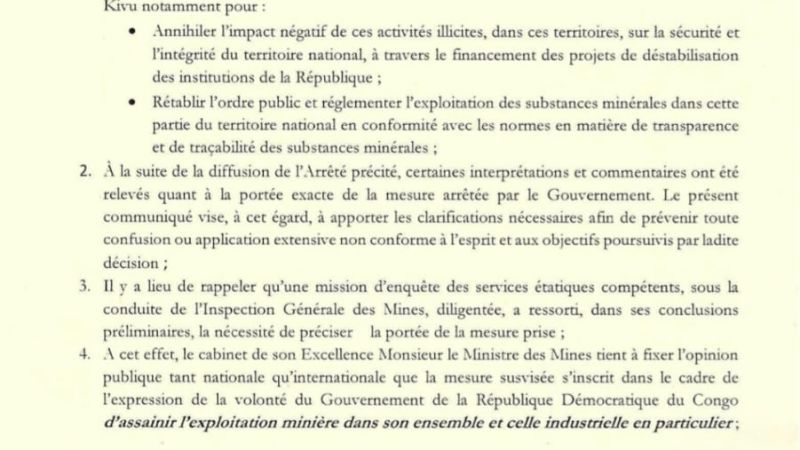 Sud-Kivu : le ministère des Mines apporte des éclaircissements sur la suspension des activités minières à Mwenga et Shabunda