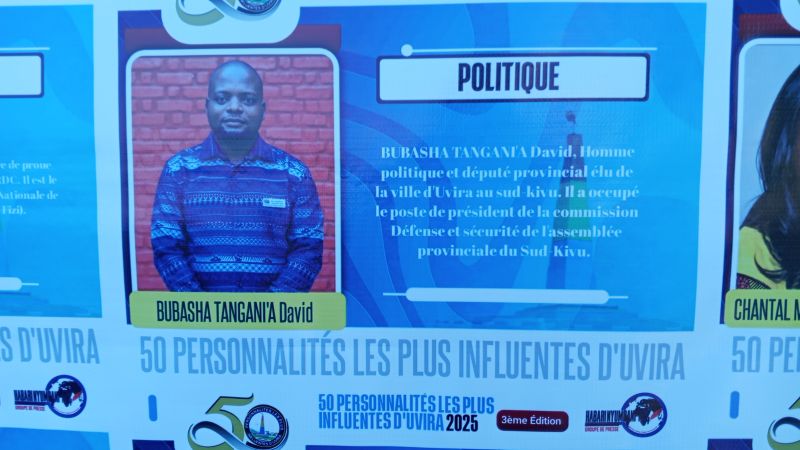 Uvira : Bubasha Tangan'ia David distingué dans la catégorie Politique lors de la 3ᵉ édition des « 50 personnalités les plus influentes »