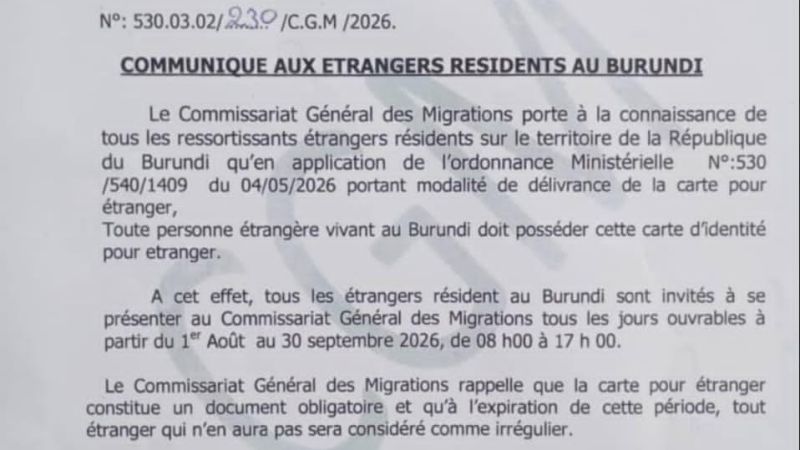 Burundi : les étrangers appelés à se procurer une carte d’identité avant le 30 septembre