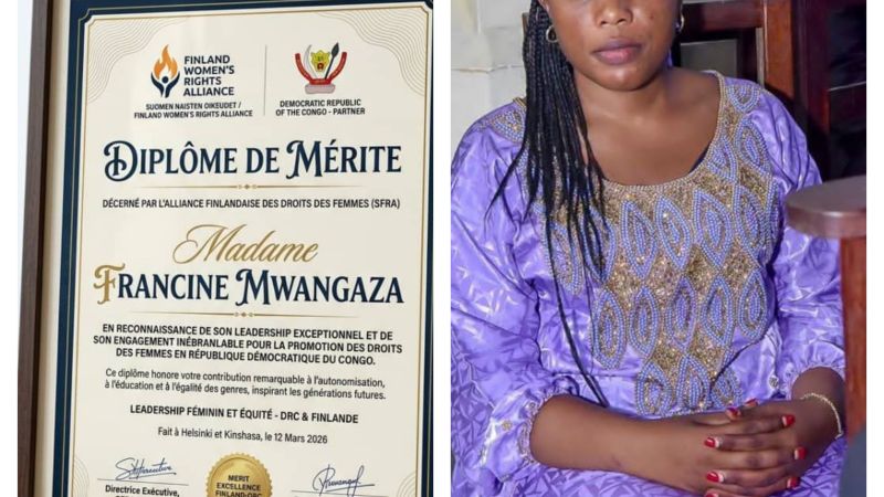 RDC : Madame Francine Mwangaza reçoit un diplôme de mérite pour son engagement en faveur des droits des femmes