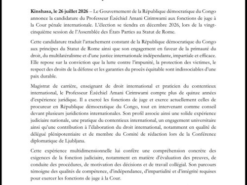 RDC : Le gouvernement présente la candidature du professeur Ézéchiel Amani Cirimwami à un poste de juge à la CPI